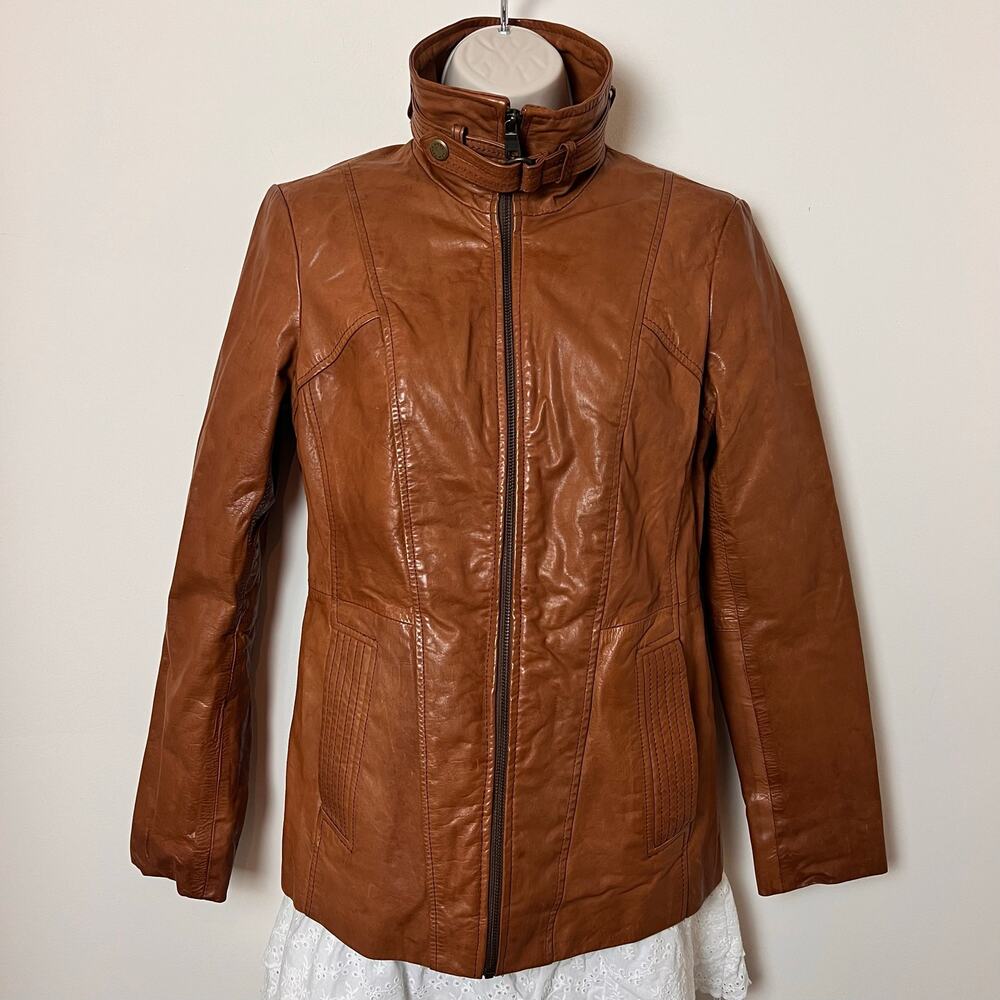 Marc New York Caramel Brown Genuine Leather Cafe Racer Moto Jacket XS